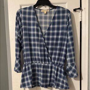 Michael Kors Blue Plaid Wrap Blouse